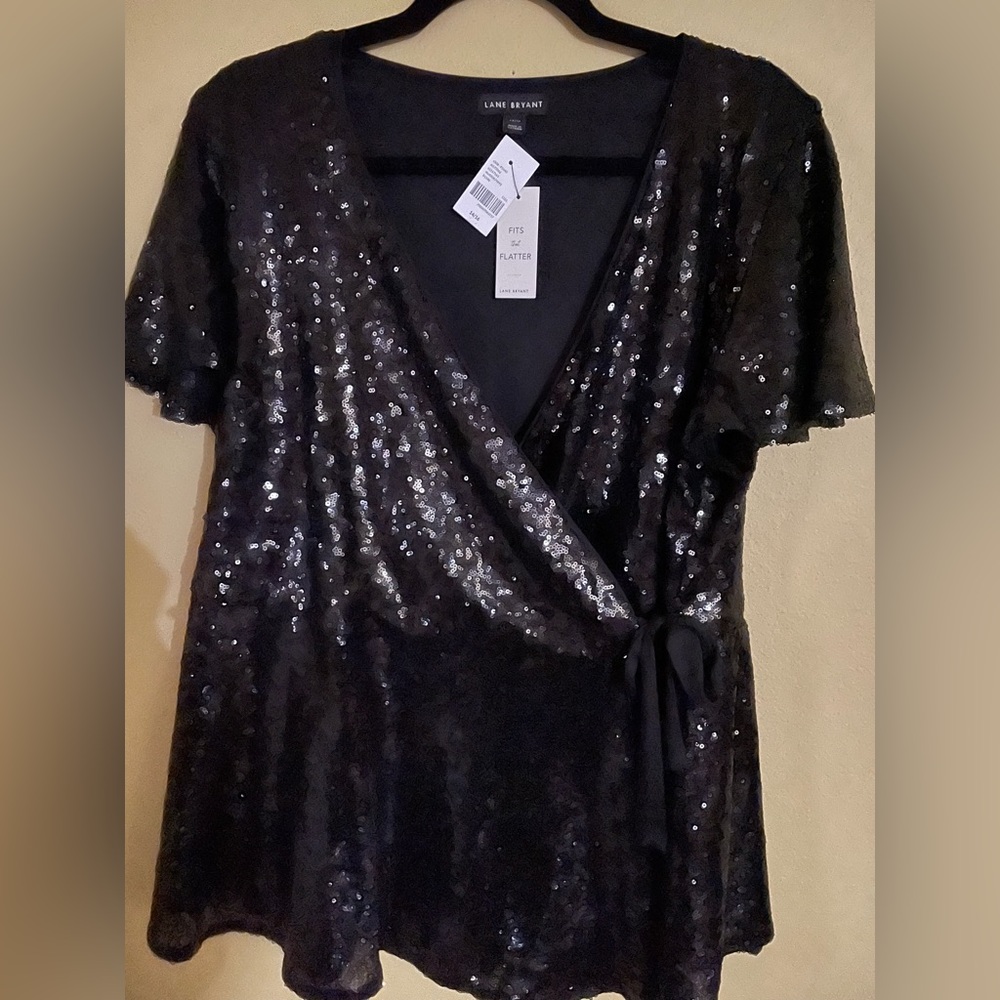 LANE BRYANT BLACK PEPLUM SHORT SLEEVE FAUX WRAP SEQUIN LINED TOP NEW 14/16